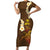 Hawaii Turtle Plumeria Flower Short Sleeve Bodycon Dress Polynesian Pattern Brown Color