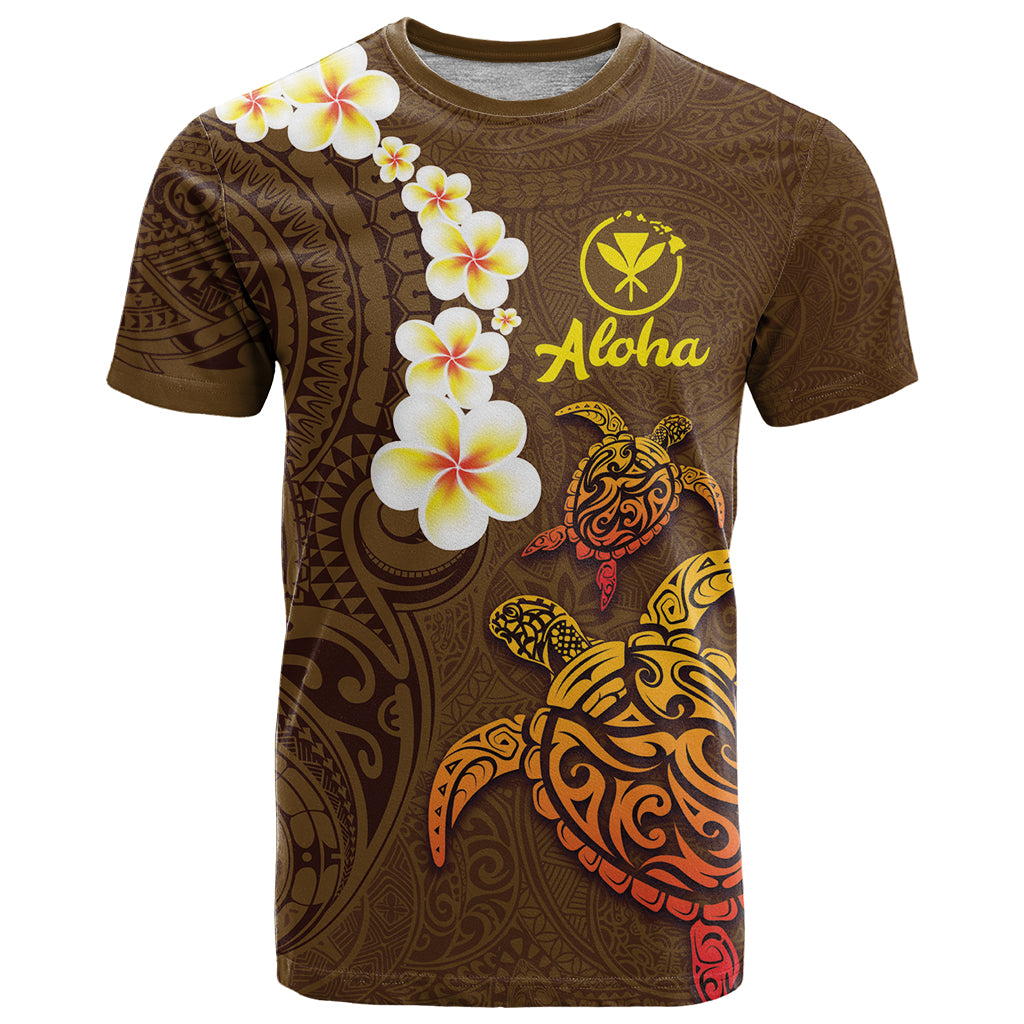 Hawaii Turtle Plumeria Flower T Shirt Polynesian Pattern Brown Color