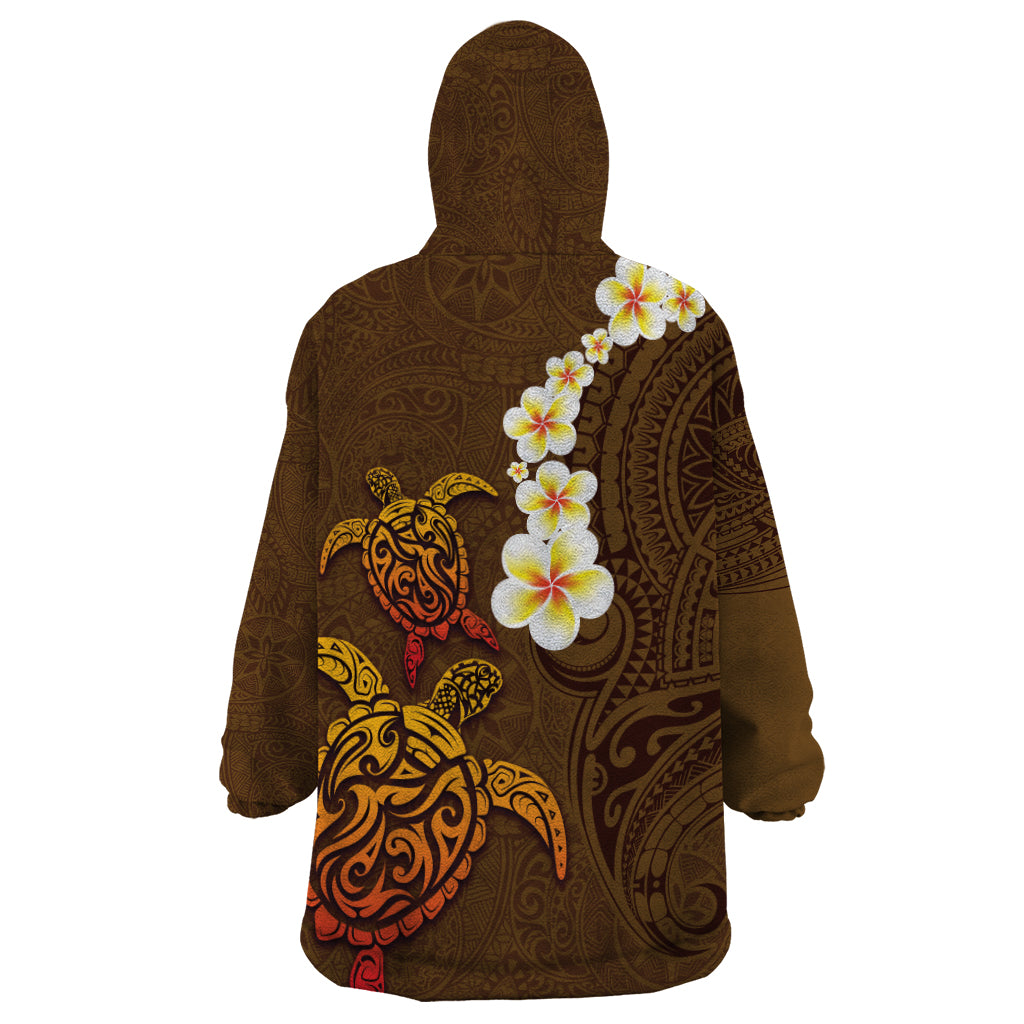 Hawaii Turtle Plumeria Flower Wearable Blanket Hoodie Polynesian Pattern Brown Color