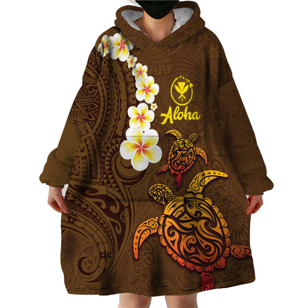 Hawaii Turtle Plumeria Flower Wearable Blanket Hoodie Polynesian Pattern Brown Color
