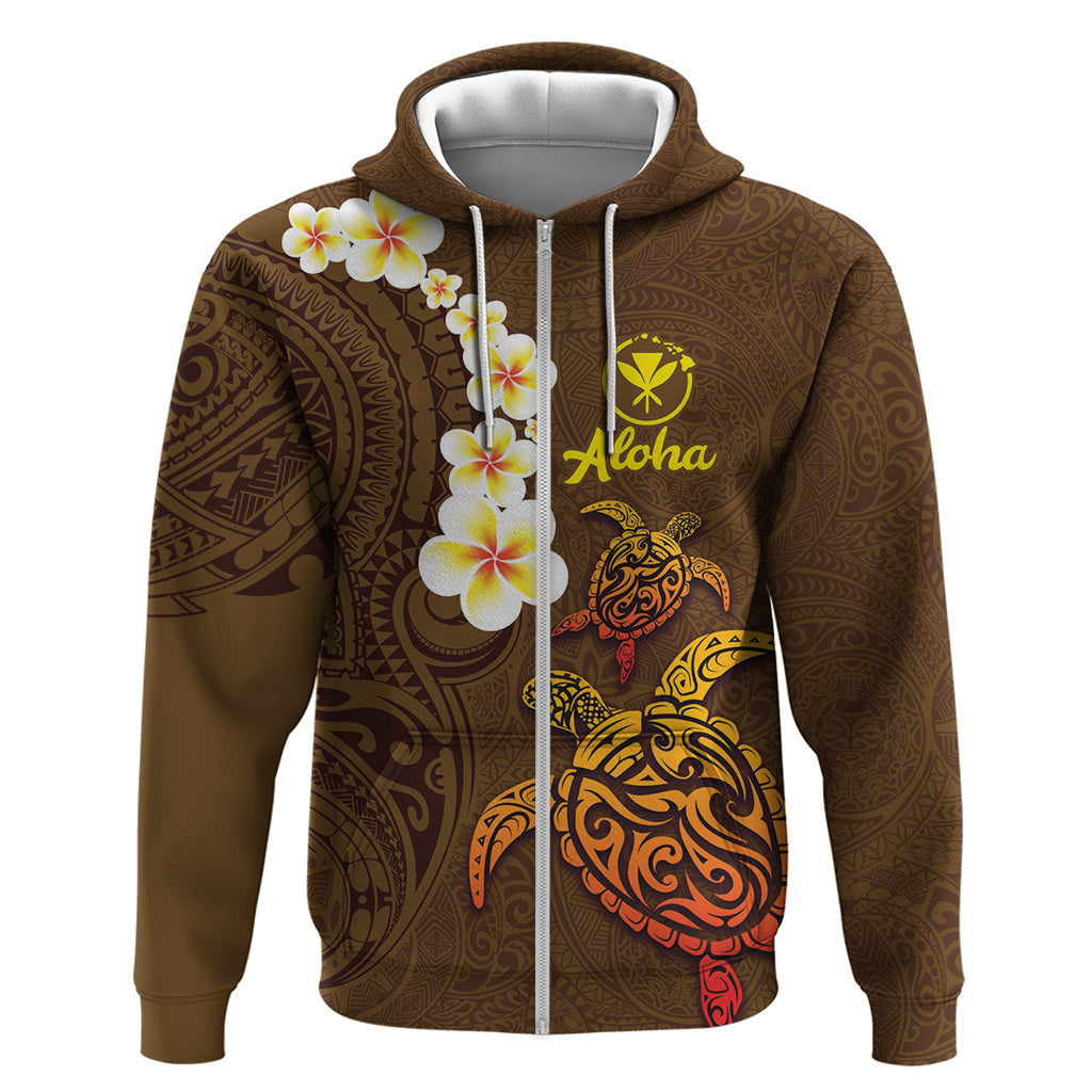 Hawaii Turtle Plumeria Flower Zip Hoodie Polynesian Pattern Brown Color
