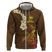 Hawaii Turtle Plumeria Flower Zip Hoodie Polynesian Pattern Brown Color