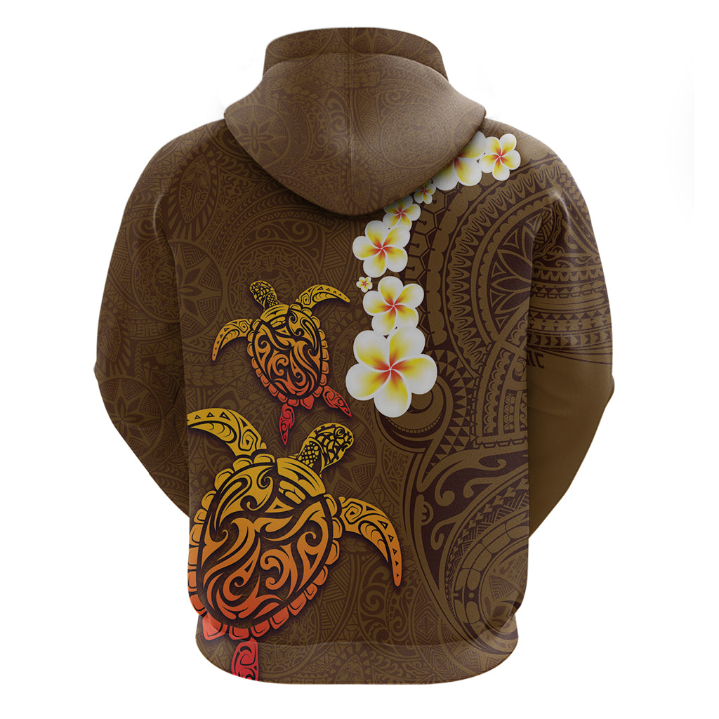 Hawaii Turtle Plumeria Flower Zip Hoodie Polynesian Pattern Brown Color
