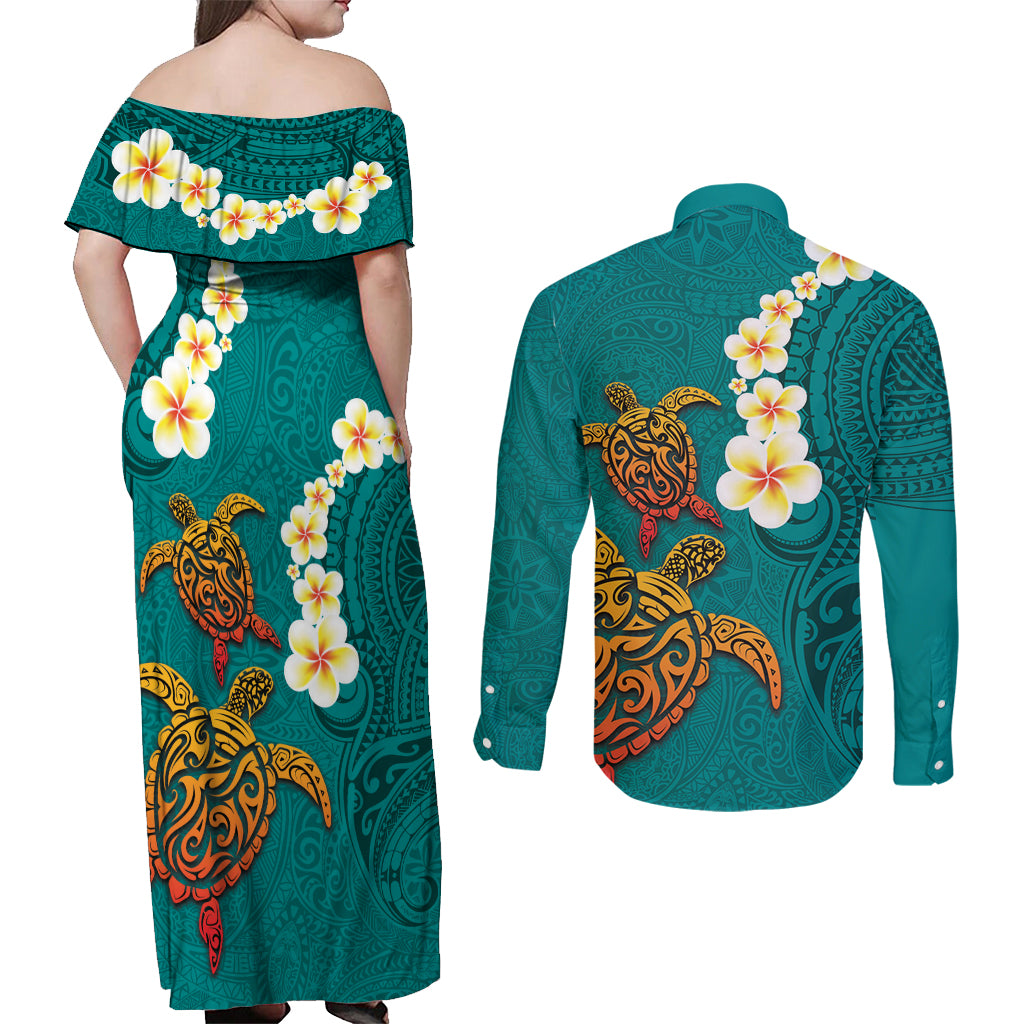 Hawaii Turtle Plumeria Flower Couples Matching Off Shoulder Maxi Dress and Long Sleeve Button Shirt Polynesian Pattern Turquoise Color