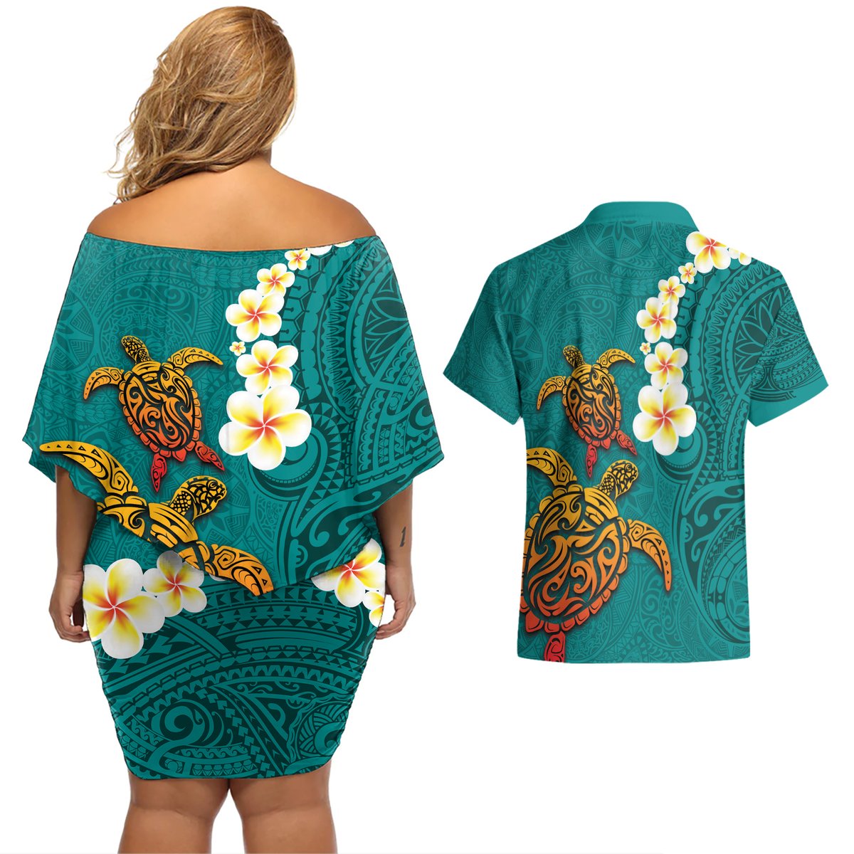 Hawaii Turtle Plumeria Flower Couples Matching Off Shoulder Short Dress and Hawaiian Shirt Polynesian Pattern Turquoise Color