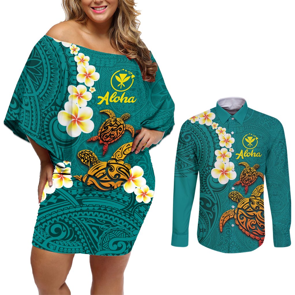 Hawaii Turtle Plumeria Flower Couples Matching Off Shoulder Short Dress and Long Sleeve Button Shirt Polynesian Pattern Turquoise Color