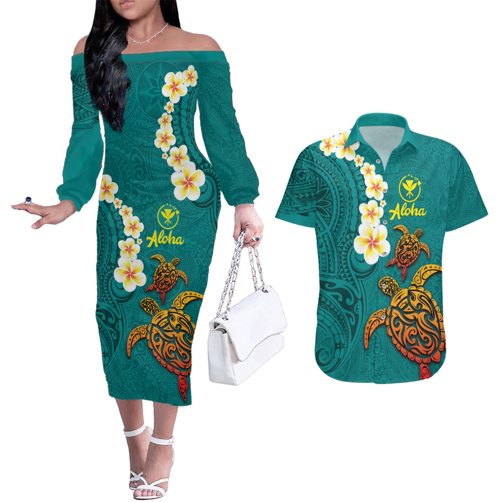 Hawaii Turtle Plumeria Flower Couples Matching Off The Shoulder Long Sleeve Dress and Hawaiian Shirt Polynesian Pattern Turquoise Color