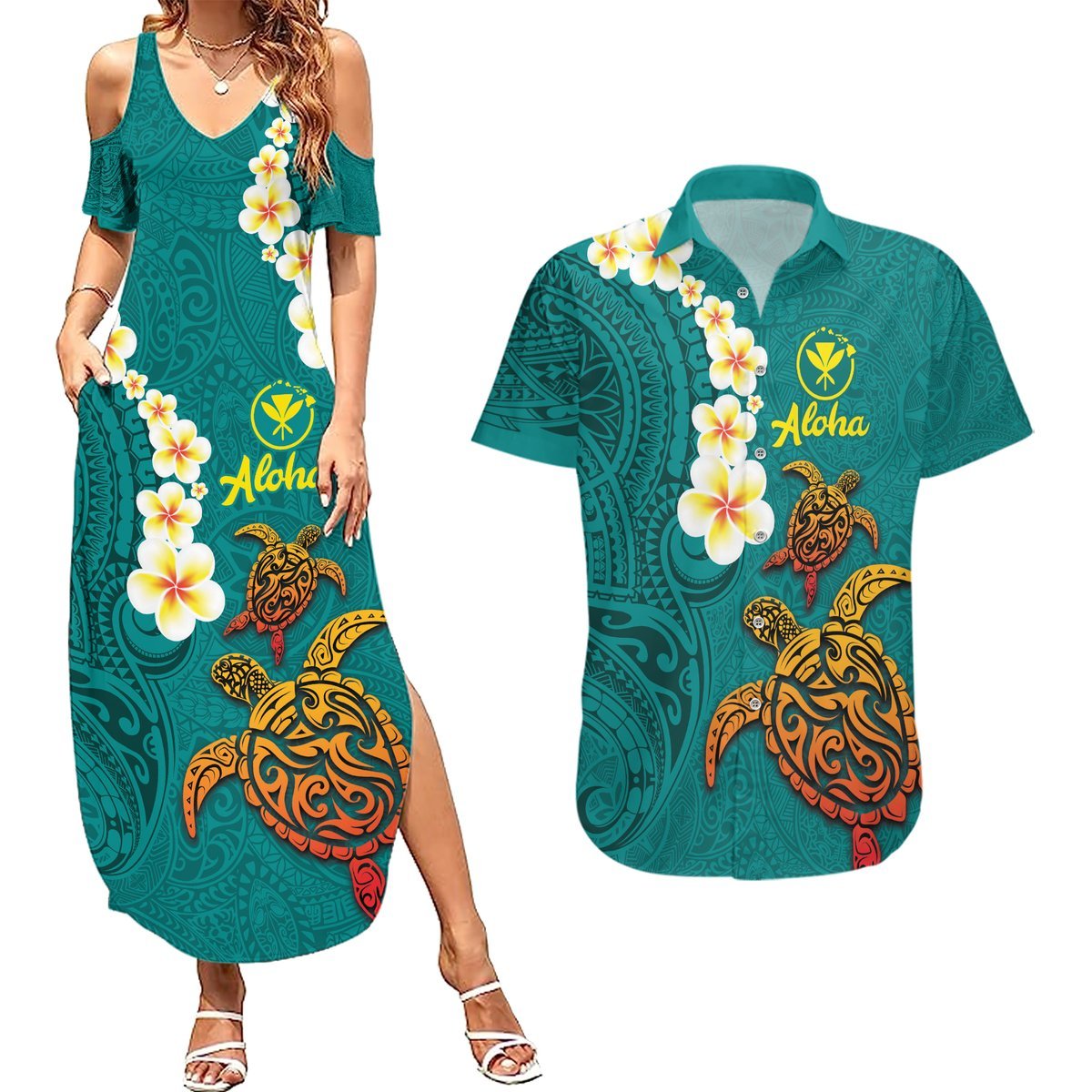 Hawaii Turtle Plumeria Flower Couples Matching Summer Maxi Dress and Hawaiian Shirt Polynesian Pattern Turquoise Color LT03 Turquoise - Polynesian Pride