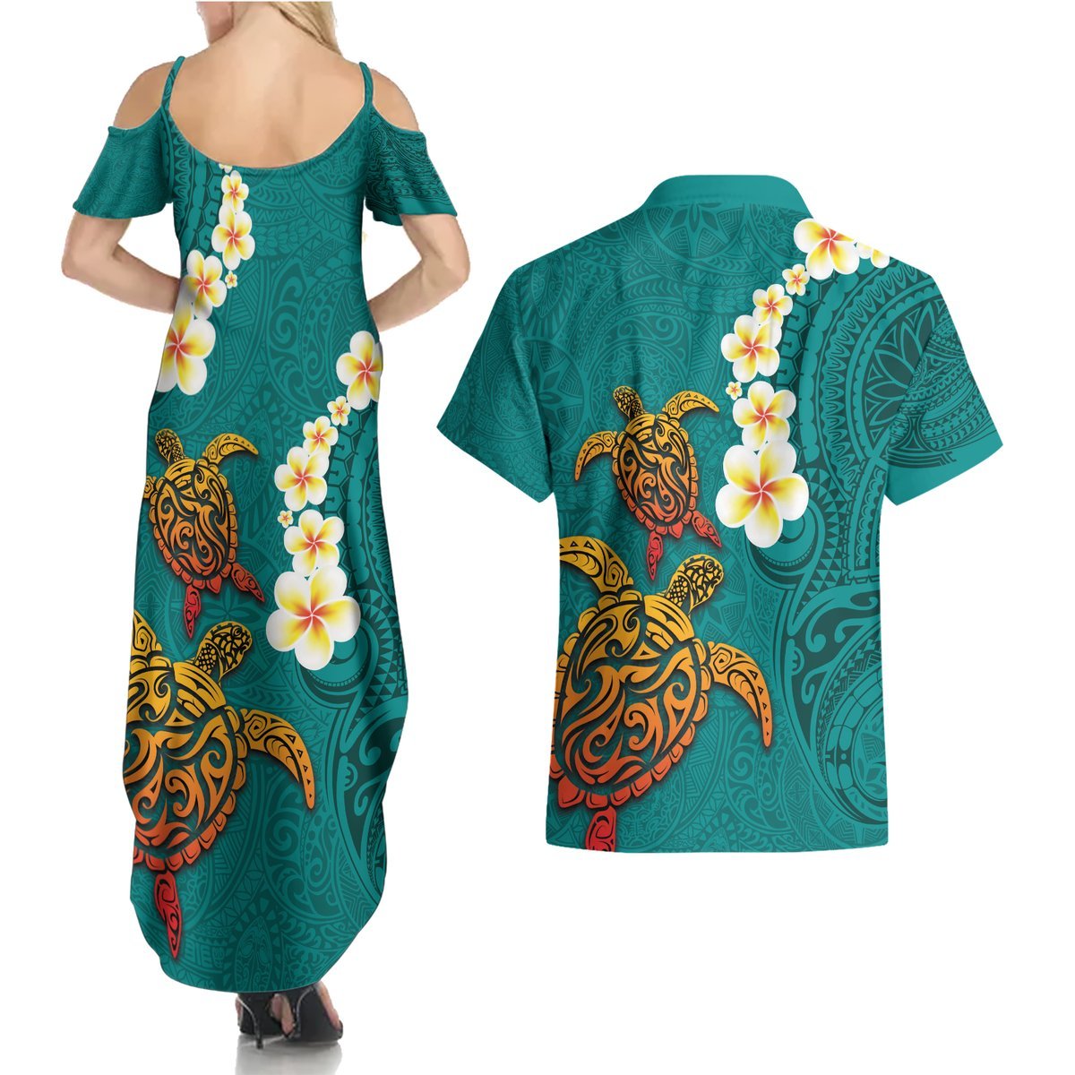 Hawaii Turtle Plumeria Flower Couples Matching Summer Maxi Dress and Hawaiian Shirt Polynesian Pattern Turquoise Color LT03 - Polynesian Pride