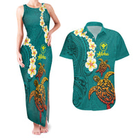 Hawaii Turtle Plumeria Flower Couples Matching Tank Maxi Dress and Hawaiian Shirt Polynesian Pattern Turquoise Color LT03 Turquoise - Polynesian Pride