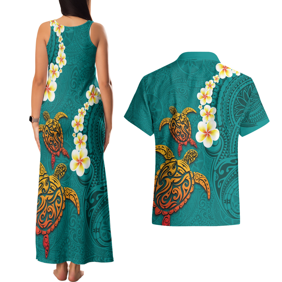Hawaii Turtle Plumeria Flower Couples Matching Tank Maxi Dress and Hawaiian Shirt Polynesian Pattern Turquoise Color LT03 - Polynesian Pride