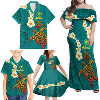 Hawaii Turtle Plumeria Flower Family Matching Off Shoulder Maxi Dress and Hawaiian Shirt Polynesian Pattern Turquoise Color LT03 - Polynesian Pride