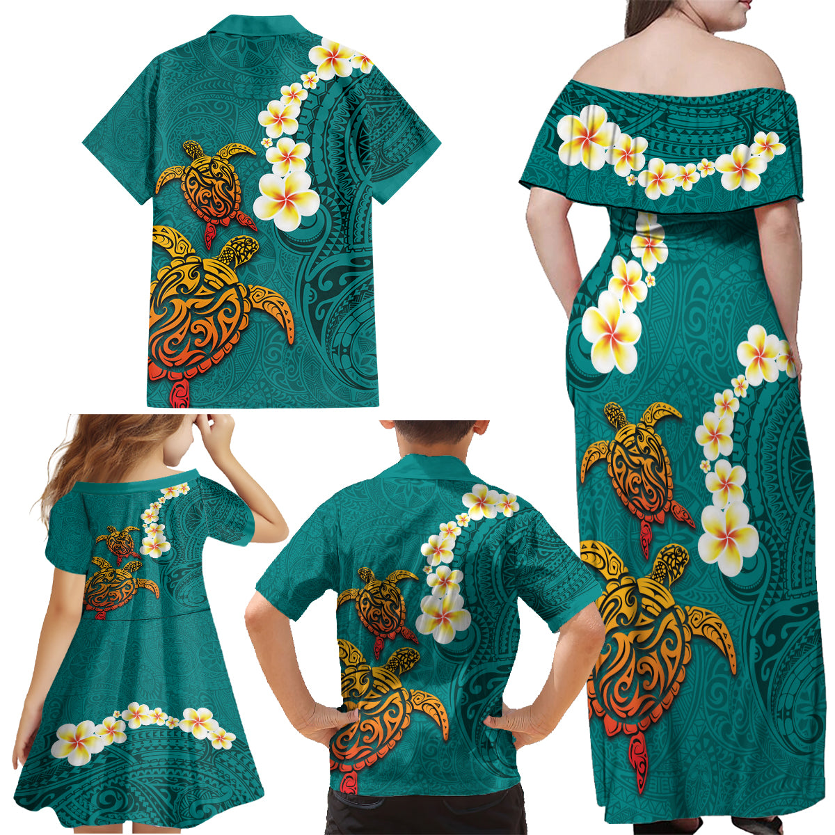 Hawaii Turtle Plumeria Flower Family Matching Off Shoulder Maxi Dress and Hawaiian Shirt Polynesian Pattern Turquoise Color LT03 - Polynesian Pride