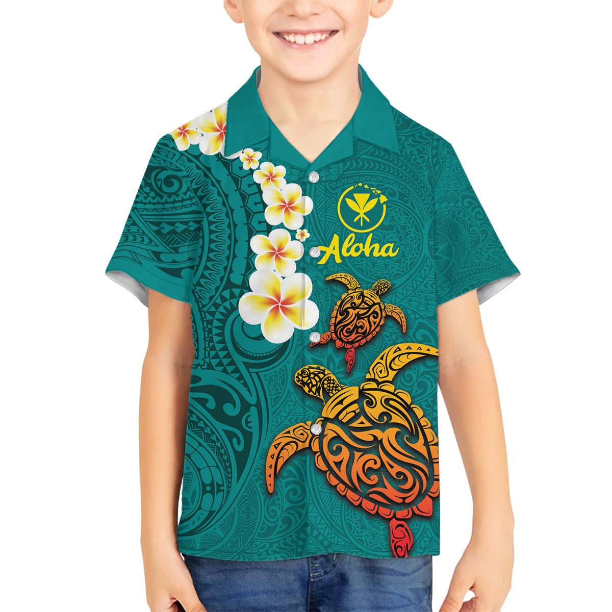 Hawaii Turtle Plumeria Flower Family Matching Off Shoulder Maxi Dress and Hawaiian Shirt Polynesian Pattern Turquoise Color LT03 Son's Shirt Turquoise - Polynesian Pride
