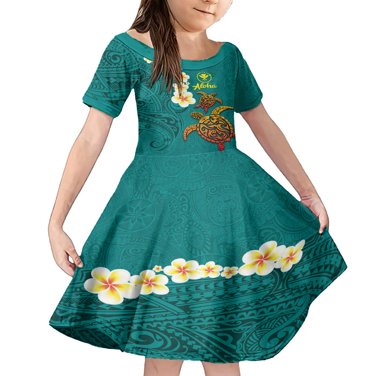 Hawaii Turtle Plumeria Flower Family Matching Off Shoulder Short Dress and Hawaiian Shirt Polynesian Pattern Turquoise Color LT03 Daughter's Dress Turquoise - Polynesian Pride
