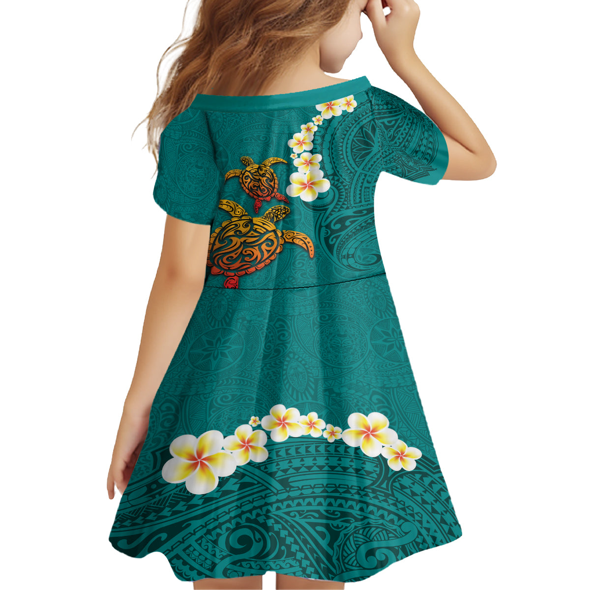 Hawaii Turtle Plumeria Flower Family Matching Off Shoulder Short Dress and Hawaiian Shirt Polynesian Pattern Turquoise Color LT03 - Polynesian Pride