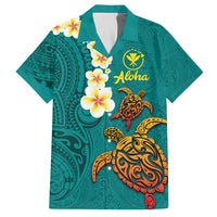 Hawaii Turtle Plumeria Flower Family Matching Off Shoulder Short Dress and Hawaiian Shirt Polynesian Pattern Turquoise Color LT03 Dad's Shirt - Short Sleeve Turquoise - Polynesian Pride