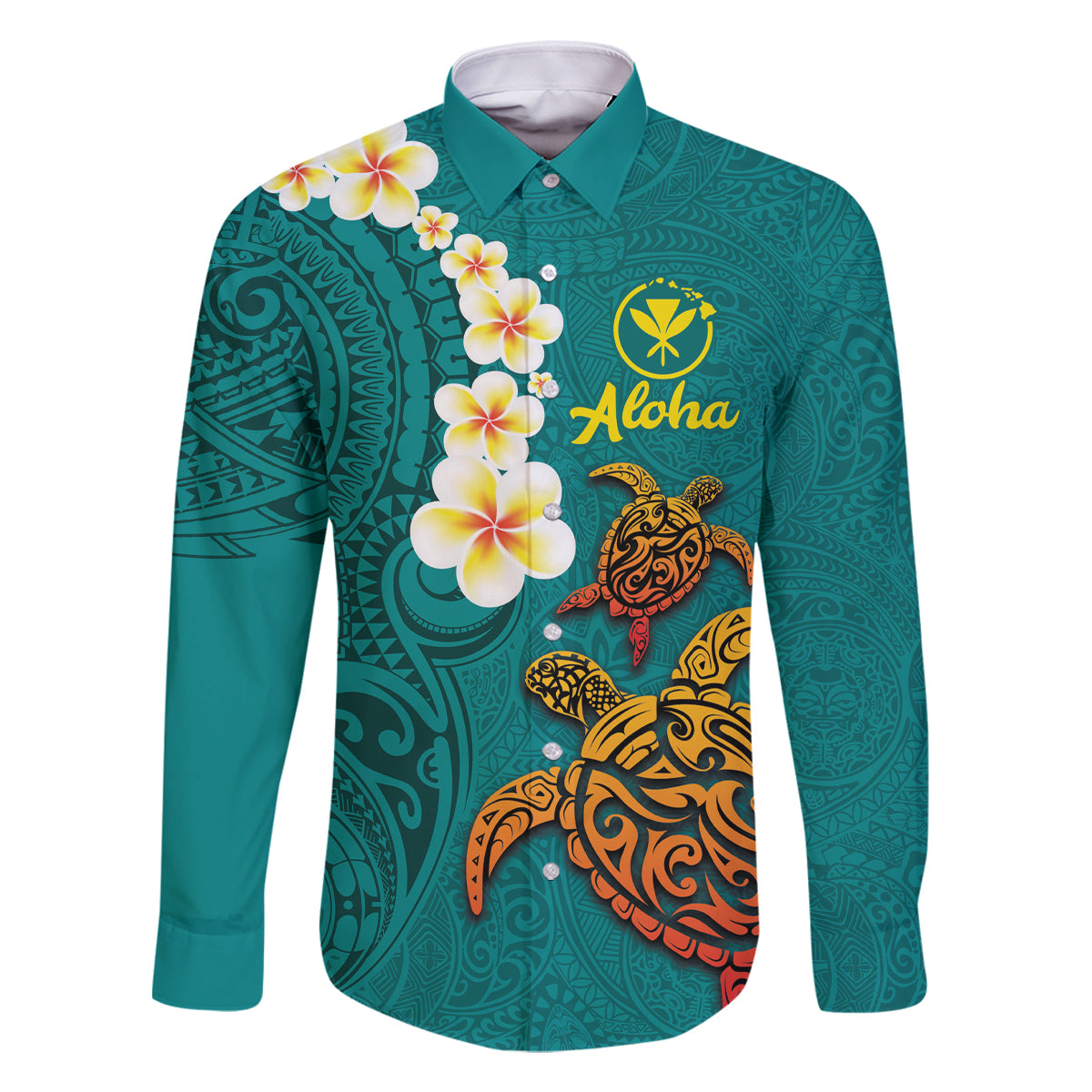 Hawaii Turtle Plumeria Flower Family Matching Off Shoulder Short Dress and Hawaiian Shirt Polynesian Pattern Turquoise Color LT03 Dad's Shirt - Long Sleeve Turquoise - Polynesian Pride