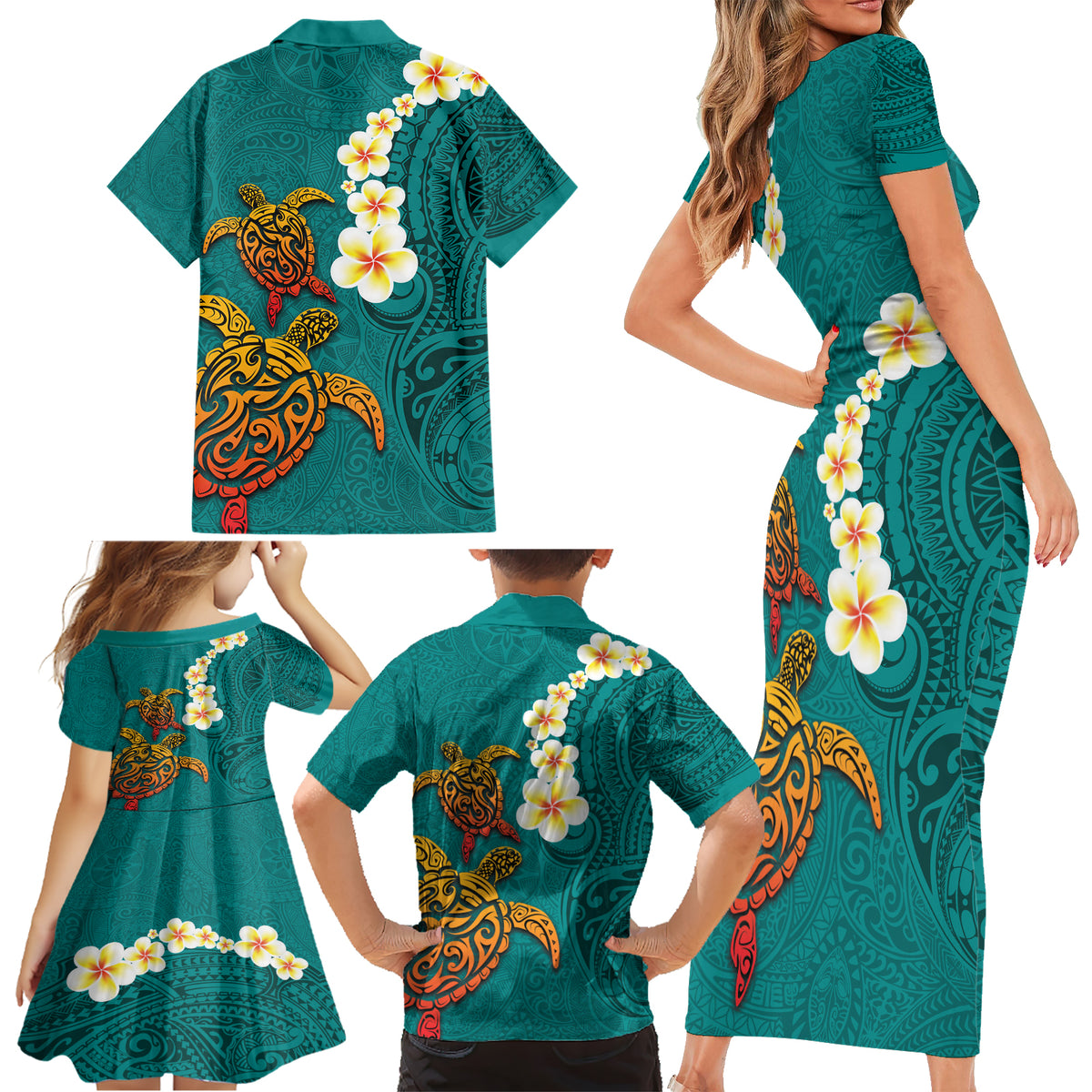 Hawaii Turtle Plumeria Flower Family Matching Short Sleeve Bodycon Dress and Hawaiian Shirt Polynesian Pattern Turquoise Color
