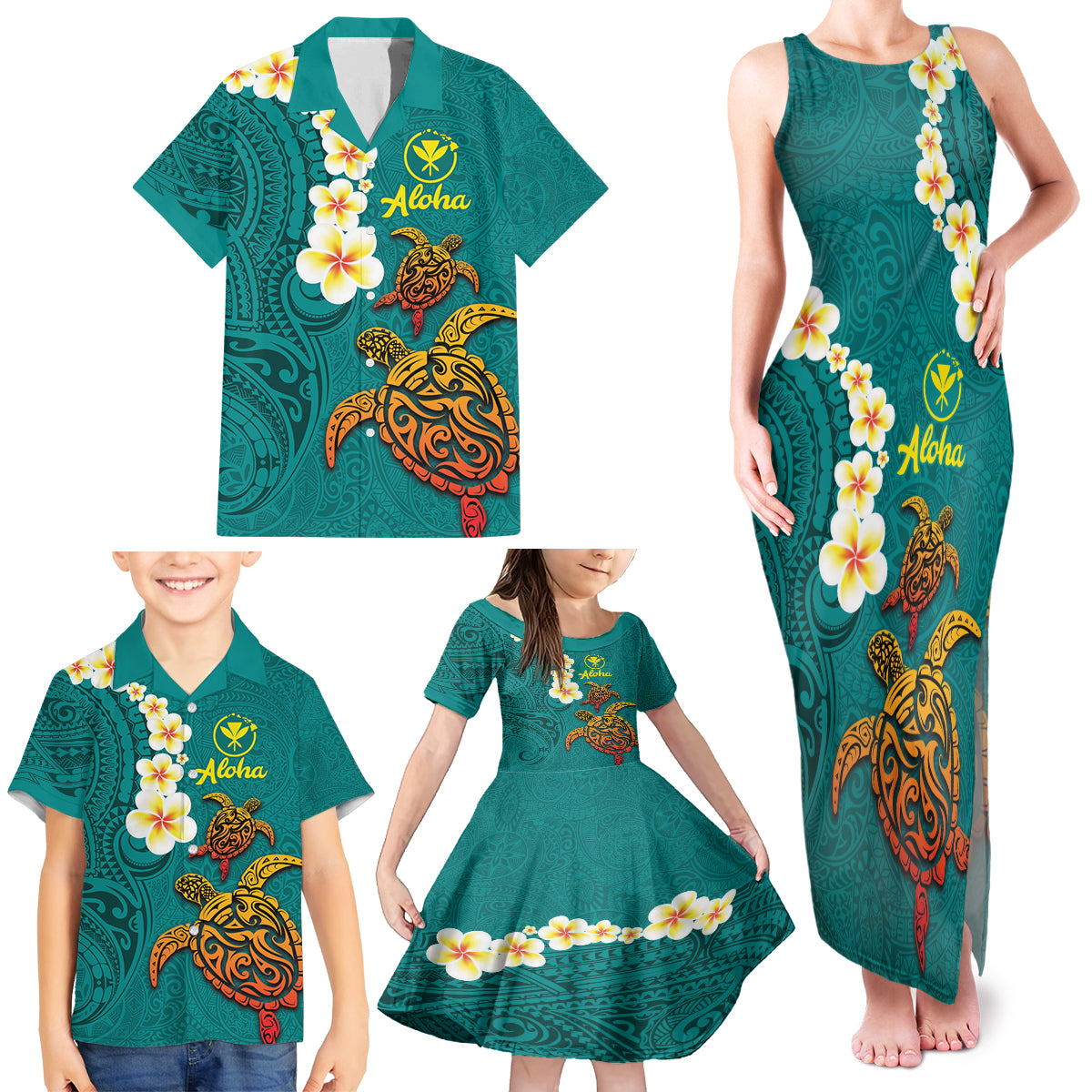 Hawaii Turtle Plumeria Flower Family Matching Tank Maxi Dress and Hawaiian Shirt Polynesian Pattern Turquoise Color