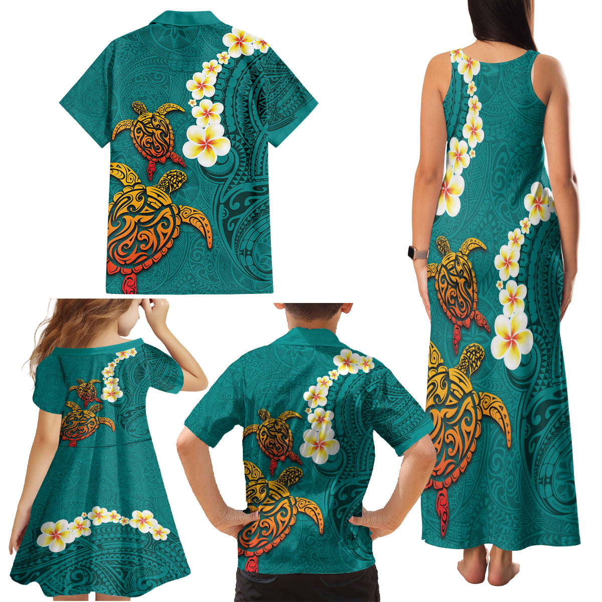 Hawaii Turtle Plumeria Flower Family Matching Tank Maxi Dress and Hawaiian Shirt Polynesian Pattern Turquoise Color