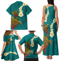 Hawaii Turtle Plumeria Flower Family Matching Tank Maxi Dress and Hawaiian Shirt Polynesian Pattern Turquoise Color
