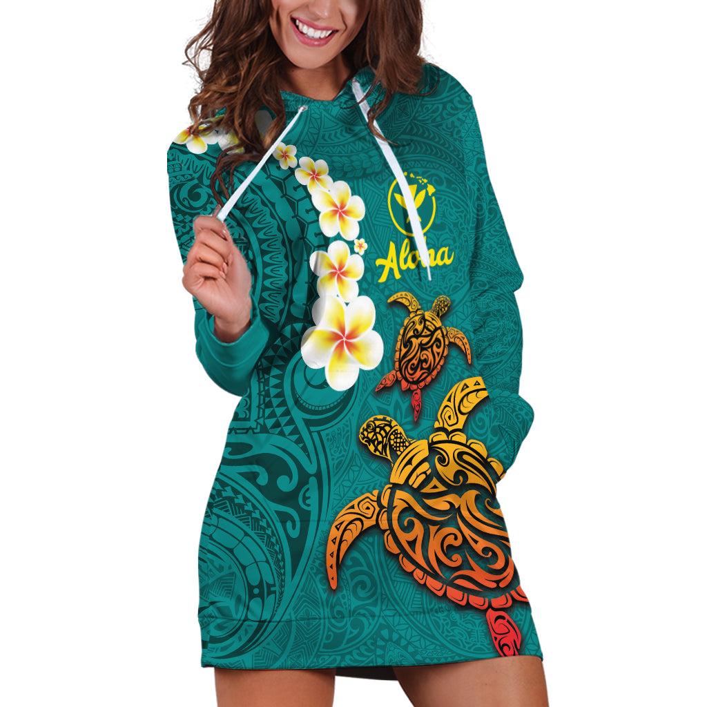 Hawaii Turtle Plumeria Flower Hoodie Dress Polynesian Pattern Turquoise Color