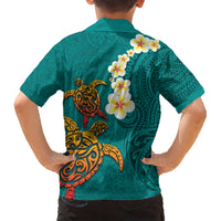 Hawaii Turtle Plumeria Flower Kid Hawaiian Shirt Polynesian Pattern Turquoise Color