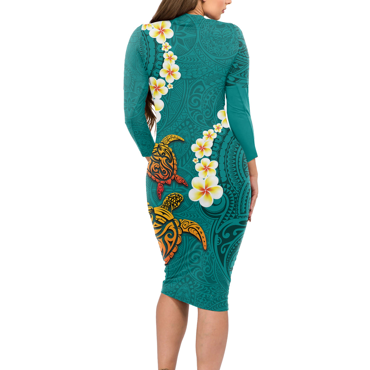 Hawaii Turtle Plumeria Flower Long Sleeve Bodycon Dress Polynesian Pattern Turquoise Color