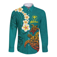 Hawaii Turtle Plumeria Flower Long Sleeve Button Shirt Polynesian Pattern Turquoise Color