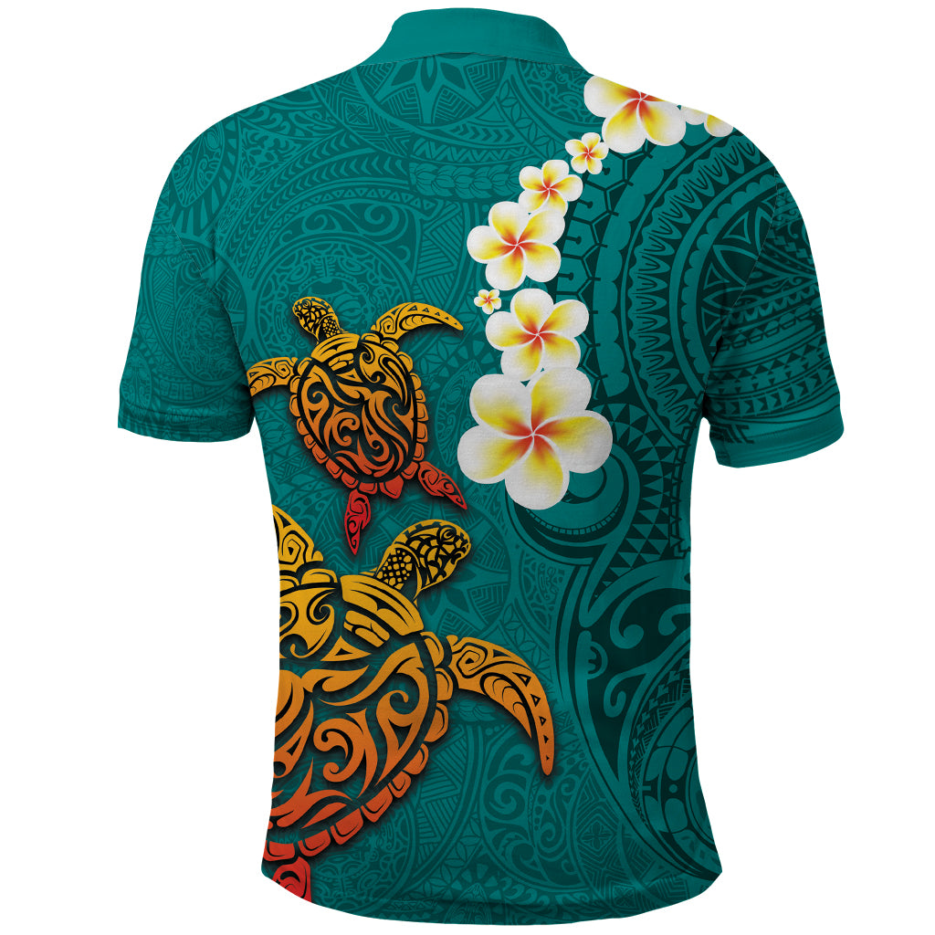 Hawaii Turtle Plumeria Flower Polo Shirt Polynesian Pattern Turquoise Color