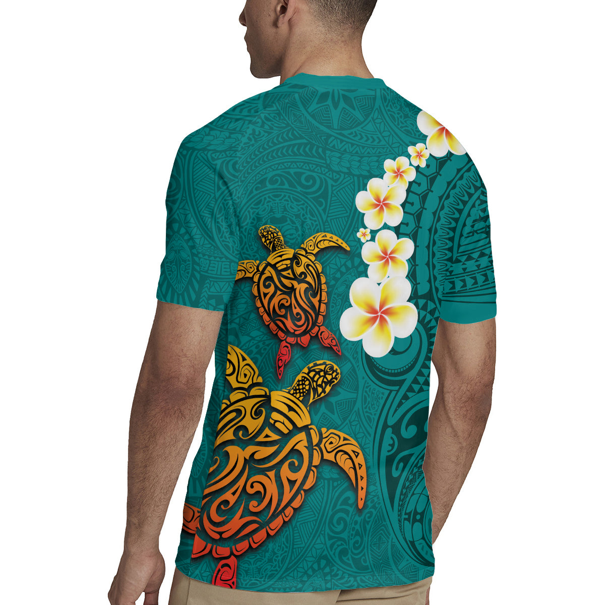 Hawaii Turtle Plumeria Flower Rugby Jersey Polynesian Pattern Turquoise Color