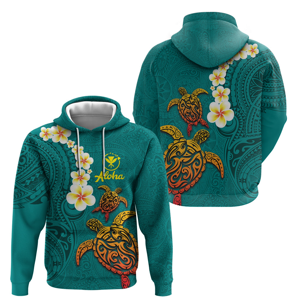 Hawaii Turtle Plumeria Flower Zip Hoodie Polynesian Pattern Turquoise Color
