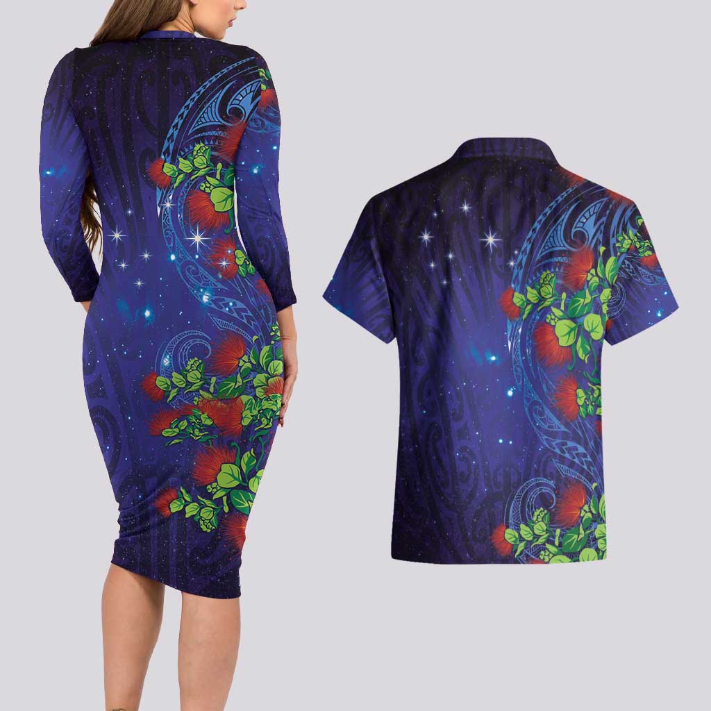 Matariki New Zealand Maori and Pohutukawa Couples Matching Long Sleeve Bodycon Dress and Hawaiian Shirt Galaxy Blue Sky Style