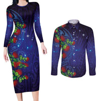 Matariki New Zealand Maori and Pohutukawa Couples Matching Long Sleeve Bodycon Dress and Long Sleeve Button Shirt Galaxy Blue Sky Style