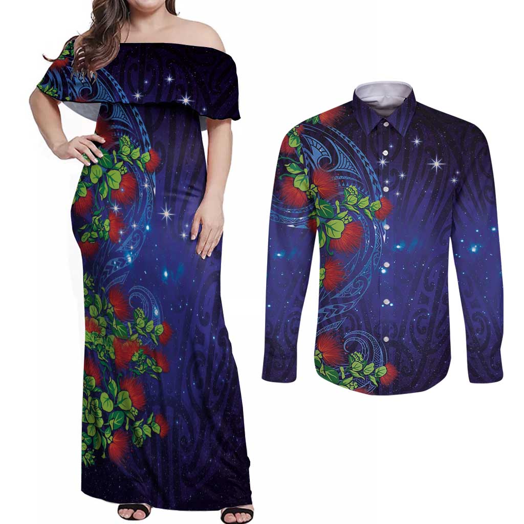 Matariki New Zealand Maori and Pohutukawa Couples Matching Off Shoulder Maxi Dress and Long Sleeve Button Shirt Galaxy Blue Sky Style