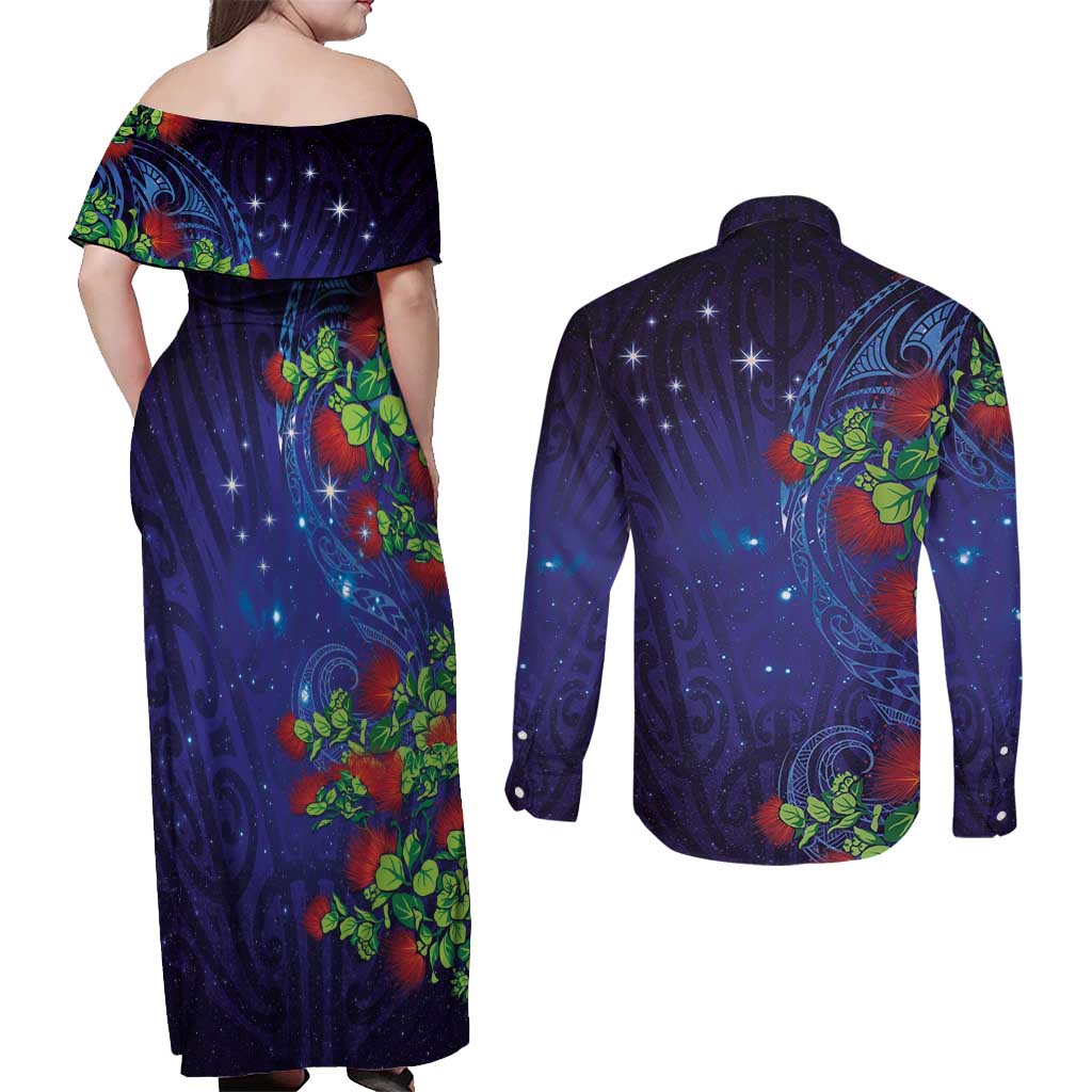 Matariki New Zealand Maori and Pohutukawa Couples Matching Off Shoulder Maxi Dress and Long Sleeve Button Shirt Galaxy Blue Sky Style