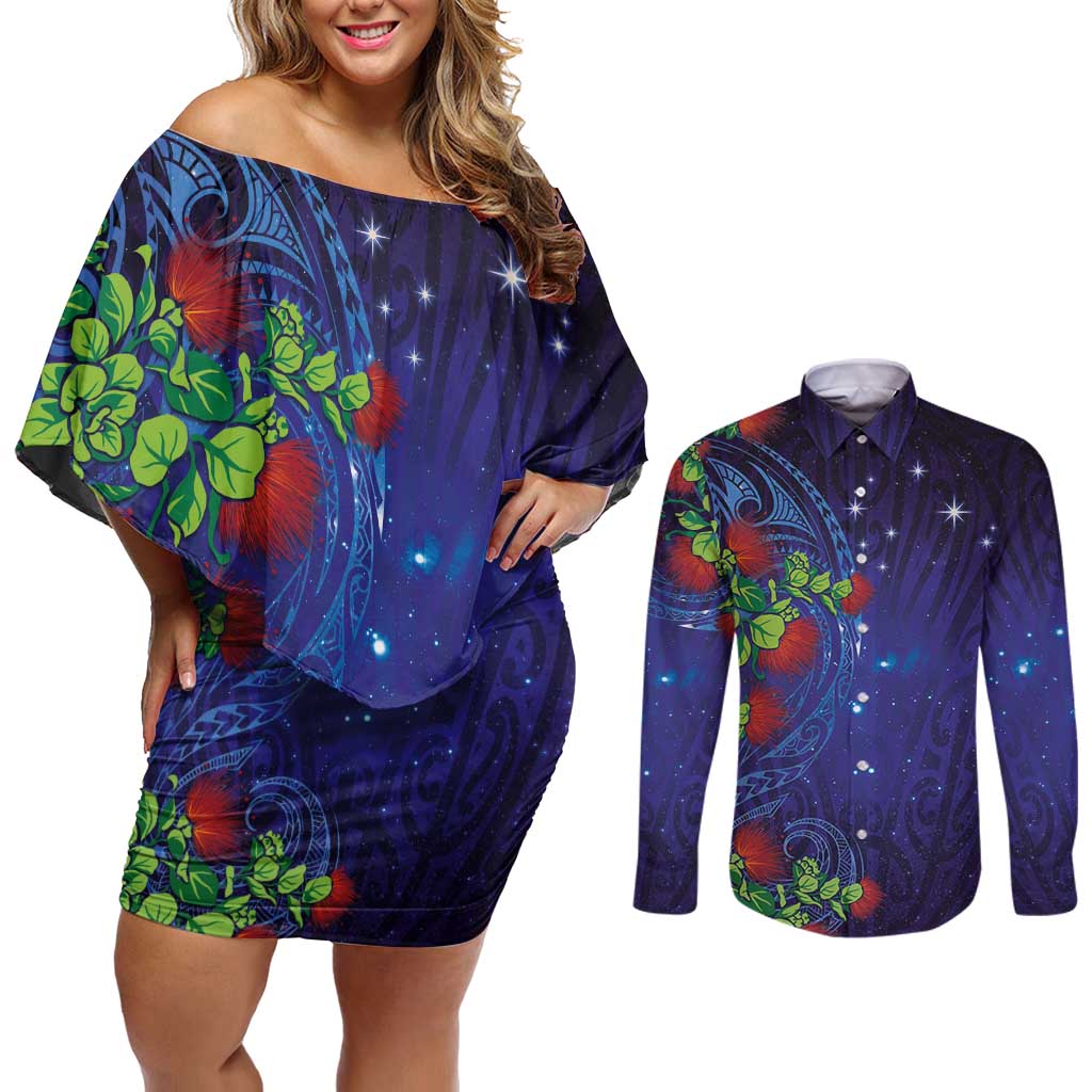 Matariki New Zealand Maori and Pohutukawa Couples Matching Off Shoulder Short Dress and Long Sleeve Button Shirt Galaxy Blue Sky Style