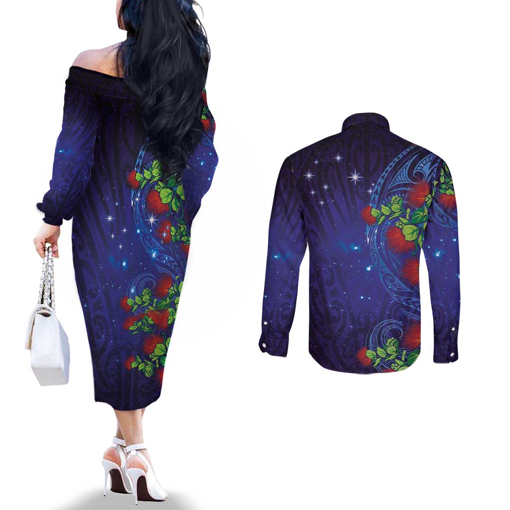 Matariki New Zealand Maori and Pohutukawa Couples Matching Off The Shoulder Long Sleeve Dress and Long Sleeve Button Shirt Galaxy Blue Sky Style