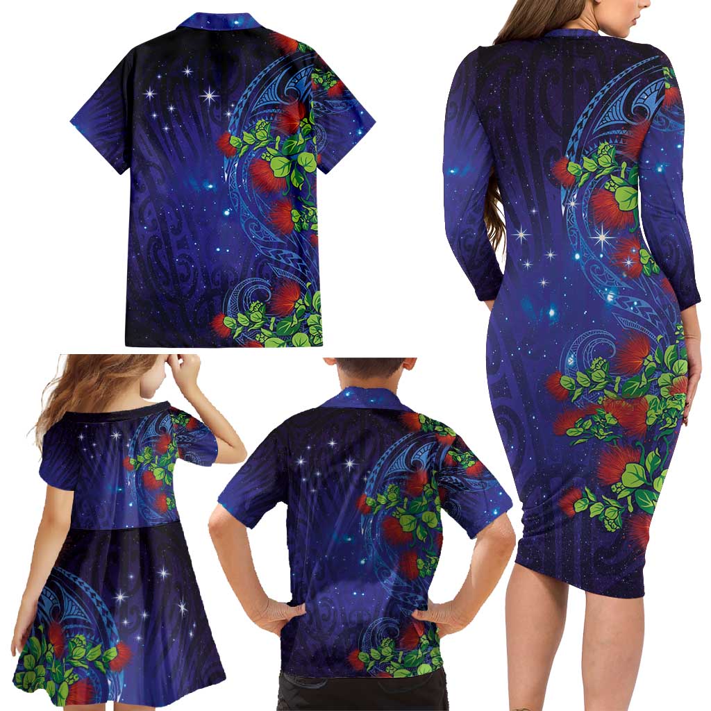 Matariki New Zealand Maori and Pohutukawa Family Matching Long Sleeve Bodycon Dress and Hawaiian Shirt Galaxy Blue Sky Style