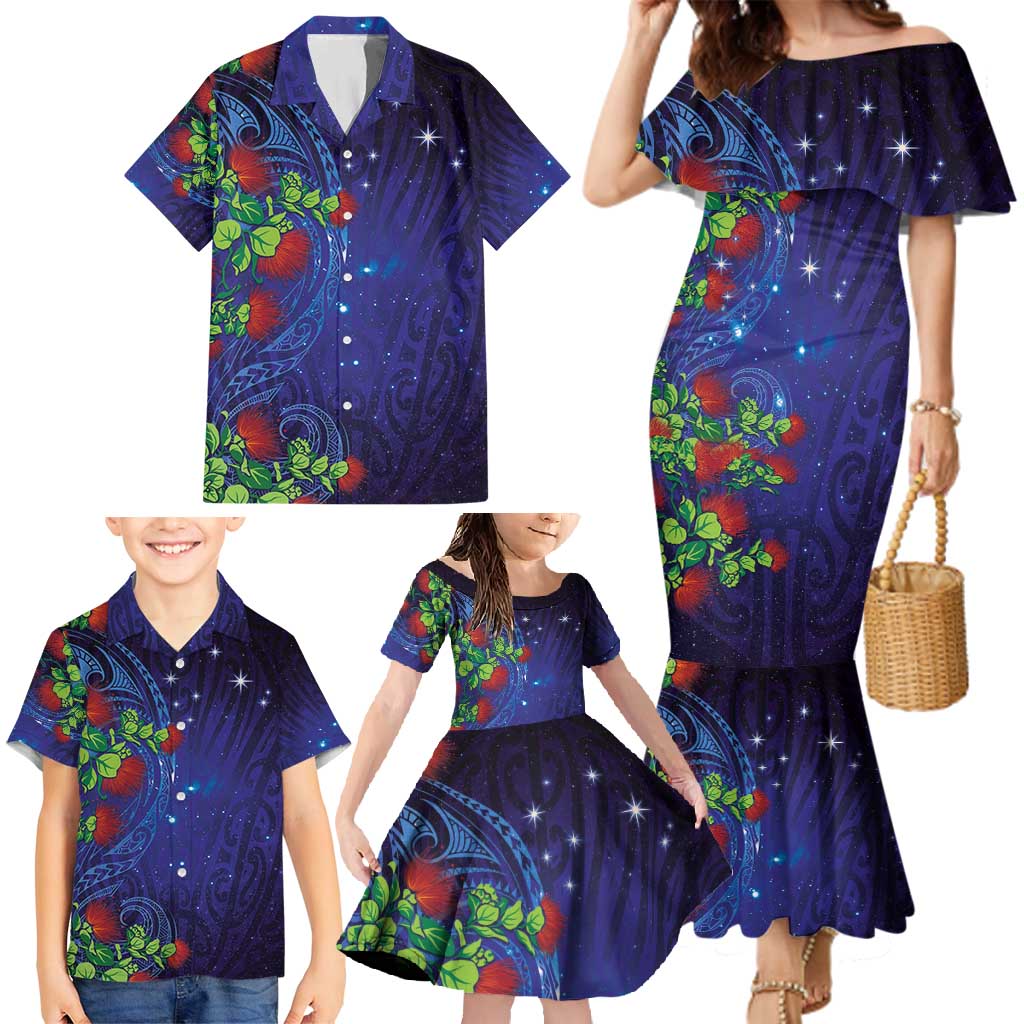 Matariki New Zealand Maori and Pohutukawa Family Matching Mermaid Dress and Hawaiian Shirt Galaxy Blue Sky Style