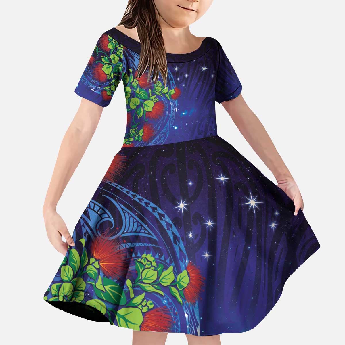Matariki New Zealand Maori and Pohutukawa Family Matching Off The Shoulder Long Sleeve Dress and Hawaiian Shirt Galaxy Blue Sky Style