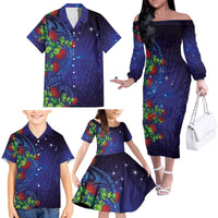 Matariki New Zealand Maori and Pohutukawa Family Matching Off The Shoulder Long Sleeve Dress and Hawaiian Shirt Galaxy Blue Sky Style