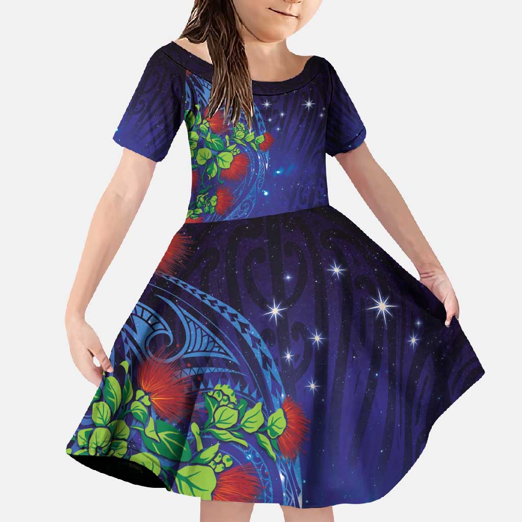 Matariki New Zealand Maori and Pohutukawa Family Matching Off Shoulder Maxi Dress and Hawaiian Shirt Galaxy Blue Sky Style LT03 Daughter's Dress Blue - Polynesian Pride