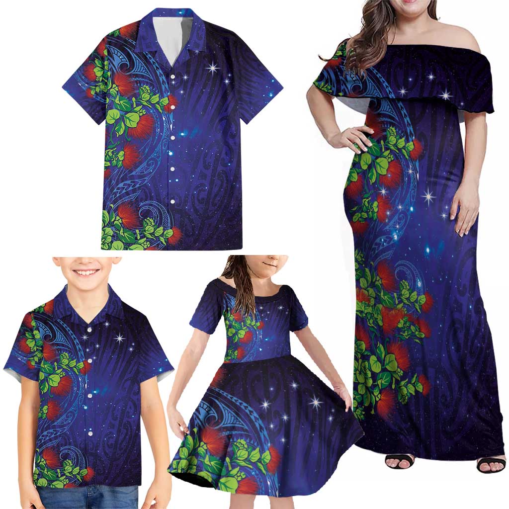 Matariki New Zealand Maori and Pohutukawa Family Matching Off Shoulder Maxi Dress and Hawaiian Shirt Galaxy Blue Sky Style LT03 - Polynesian Pride