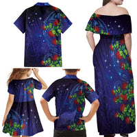 Matariki New Zealand Maori and Pohutukawa Family Matching Off Shoulder Maxi Dress and Hawaiian Shirt Galaxy Blue Sky Style LT03 - Polynesian Pride