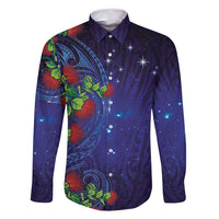 Matariki New Zealand Maori and Pohutukawa Family Matching Off Shoulder Maxi Dress and Hawaiian Shirt Galaxy Blue Sky Style LT03 Dad's Shirt - Long Sleeve Blue - Polynesian Pride