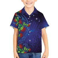 Matariki New Zealand Maori and Pohutukawa Family Matching Off Shoulder Maxi Dress and Hawaiian Shirt Galaxy Blue Sky Style LT03 Son's Shirt Blue - Polynesian Pride