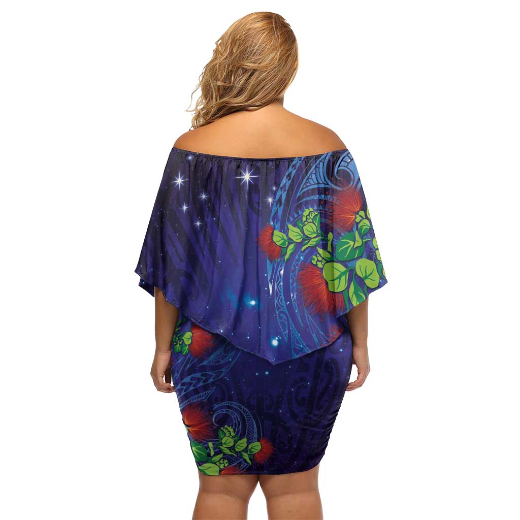 Matariki New Zealand Maori and Pohutukawa Family Matching Off Shoulder Short Dress and Hawaiian Shirt Galaxy Blue Sky Style