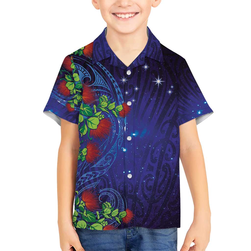 Matariki New Zealand Maori and Pohutukawa Family Matching Off Shoulder Short Dress and Hawaiian Shirt Galaxy Blue Sky Style